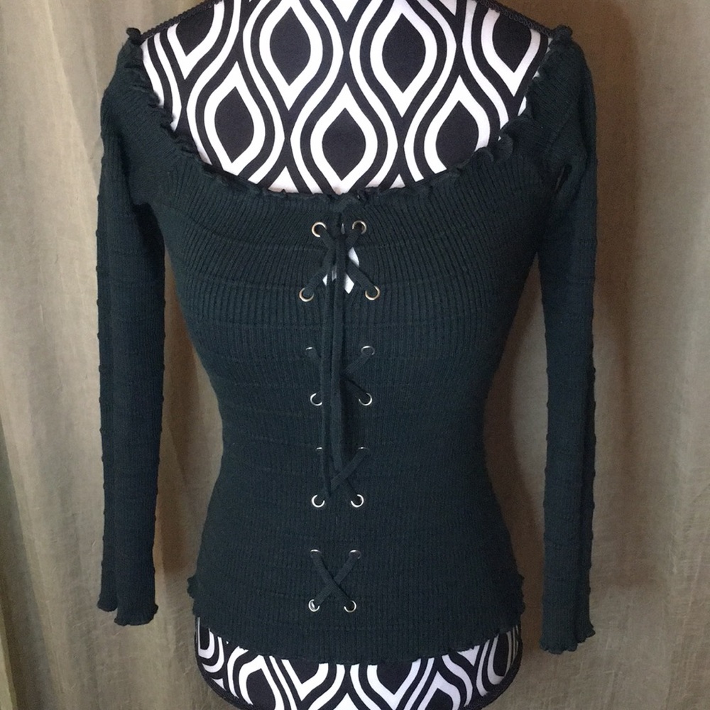 Sexy Stretch Green Ambiance Apparel Lace up Off shoulder Long Sleeve Shirt